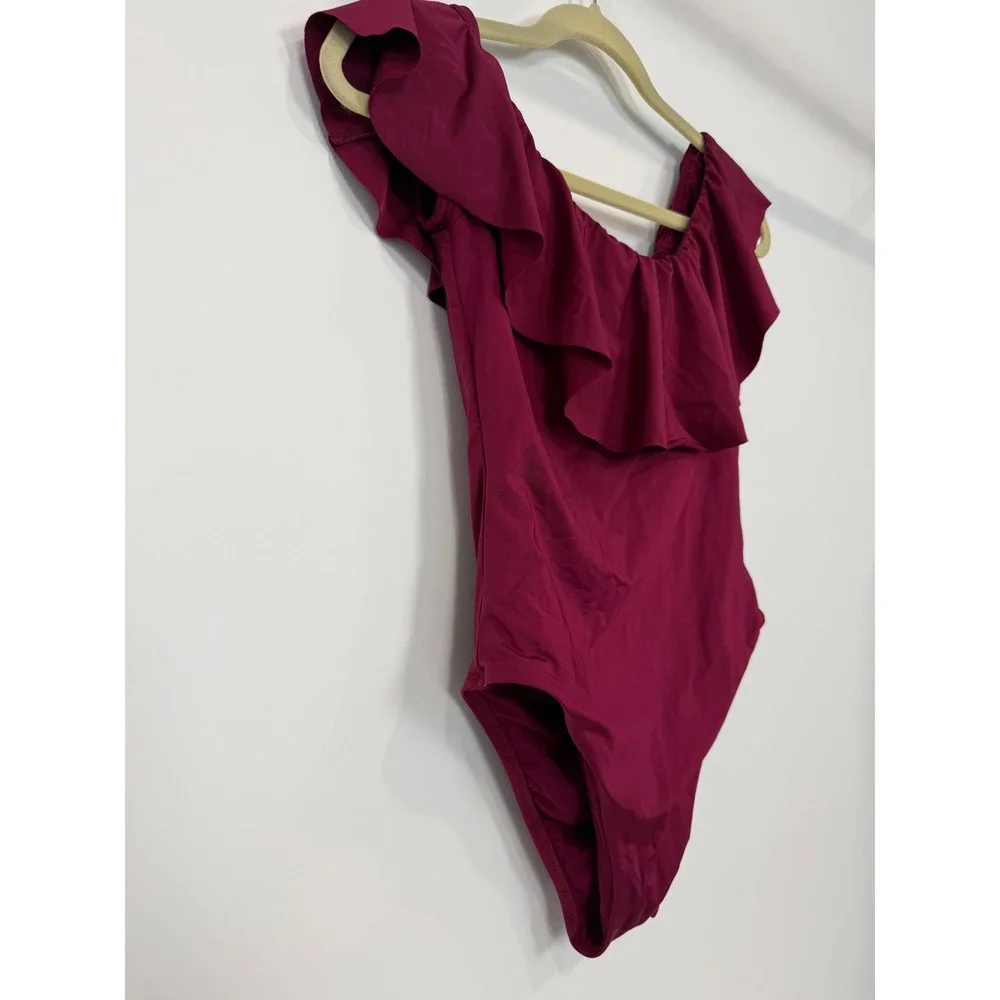 Trina Turk Women Burgundy Ruffle Off Shoulder One Piece Swimsuit Size 8